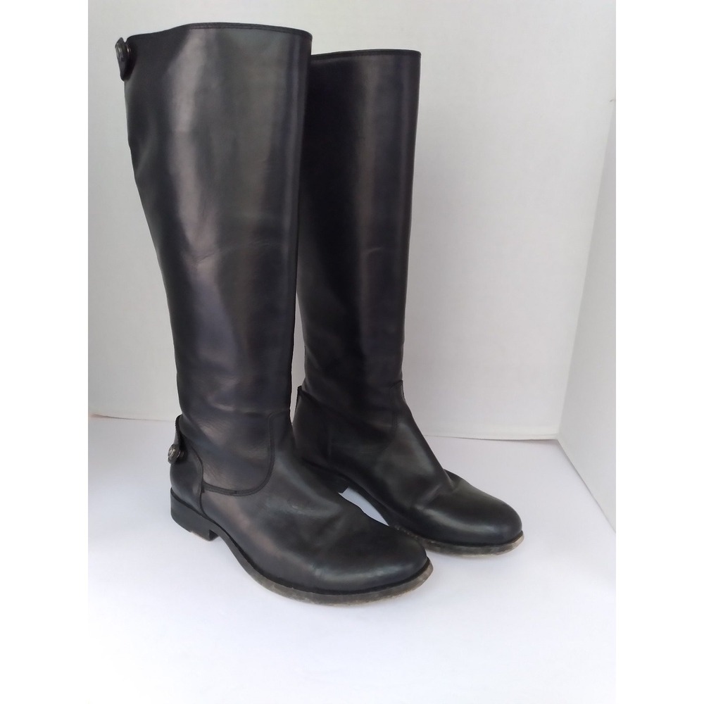 Black Leather Tall Ridingβ Boots Womens Side Zip Buckle Detail Size Unknown